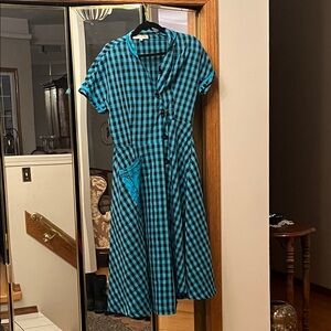 Teal and Black Checkered Midi Dress, 65% Polyester, 30% Cotton, 5% Spandex